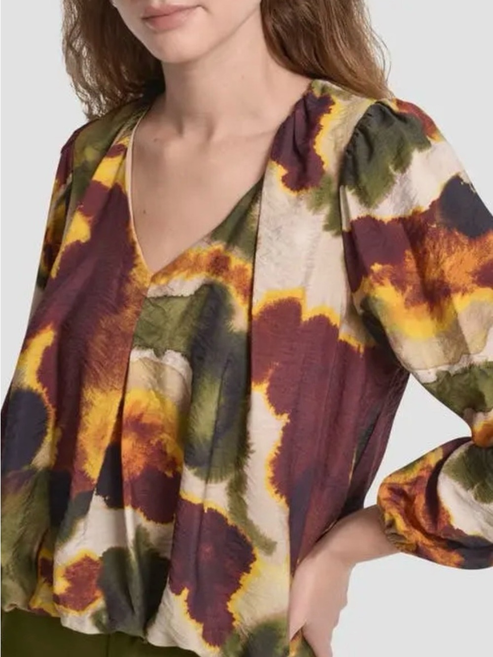 DKNY Long-Sleeve V-Neck Abstract Print Blouse in Burgundy, Mustard, Olive, Cream - Picture 2 of 7